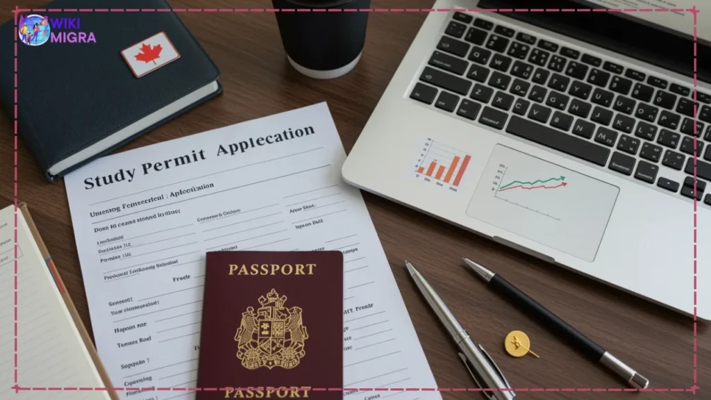 Desk view with Canadian study permit application form, passport, and laptop - planning student immigration to Canada requirements.