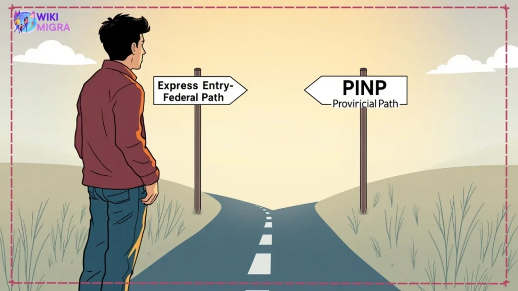 Illustration showing a person at a crossroads choosing between pathway signs labeled 'Express Entry - Federal Path' and 'PNP - Provincial Path' under a Canadian sky, representing selecting a PR pathway.