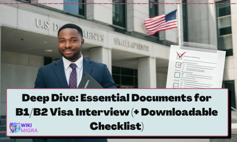Person holding visa documents folder outside U.S. embassy with checklist overlay for B1 B2 visa interview 2025.