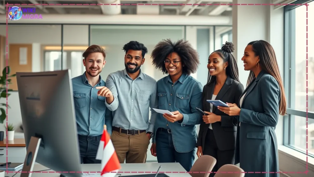 Diverse group of young professionals collaborating effectively in a modern Canadian office, showing the stage of gaining valuable skilled Canadian work experience for PR.