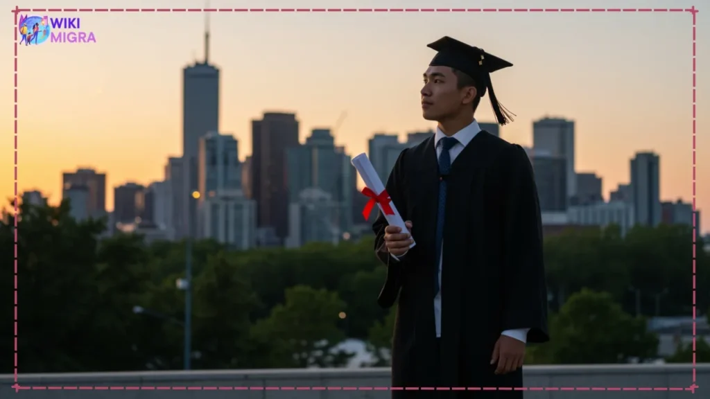 Recent international graduate with diploma overlooking Canadian city skyline - ready for Post-Graduation Work Permit (PGWP) eligibility.