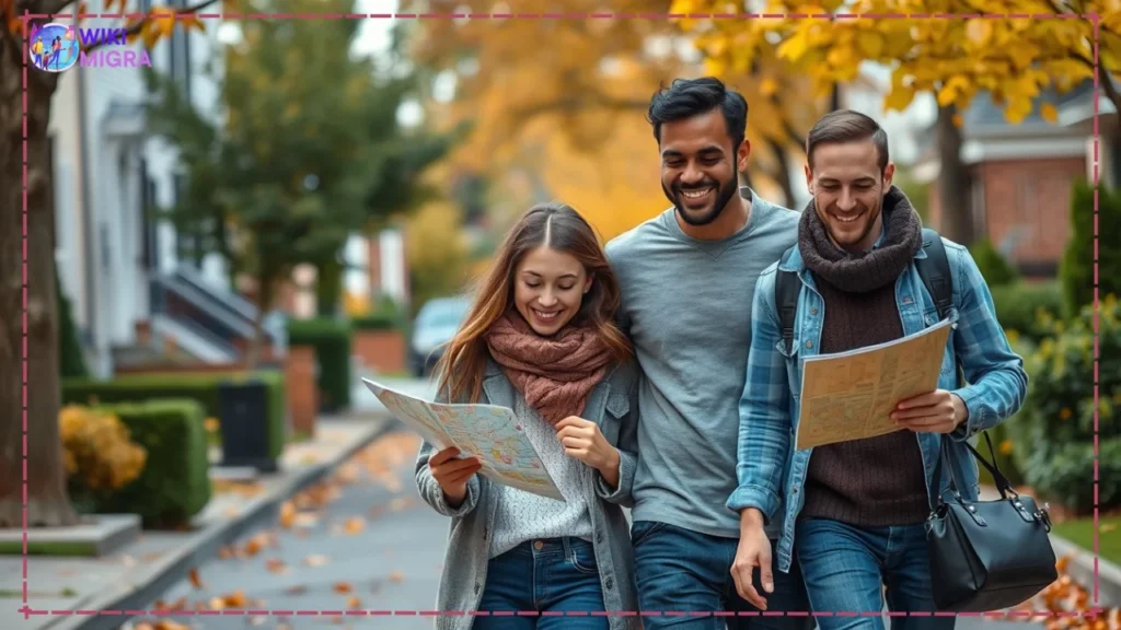 Diverse international student family happily walking on Canadian residential street - settling practicalities like bringing family to Canada.