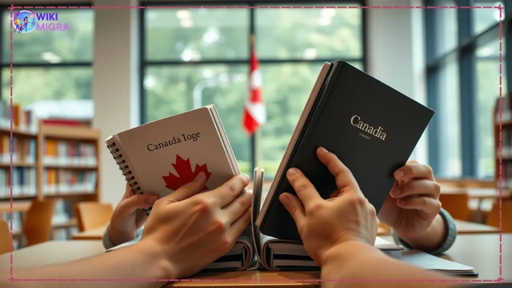 Close-up of diverse hands studying with Canadian textbooks and notebooks in a bright university library setting, representing the foundational study permit stage in Canada.