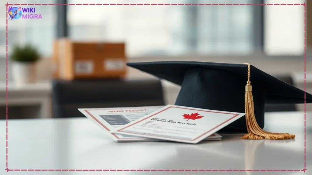 A graduation cap lies next to a generic Canadian work permit document on a desk, illustrating the crucial transition step involving the PGWP Canada after graduation.