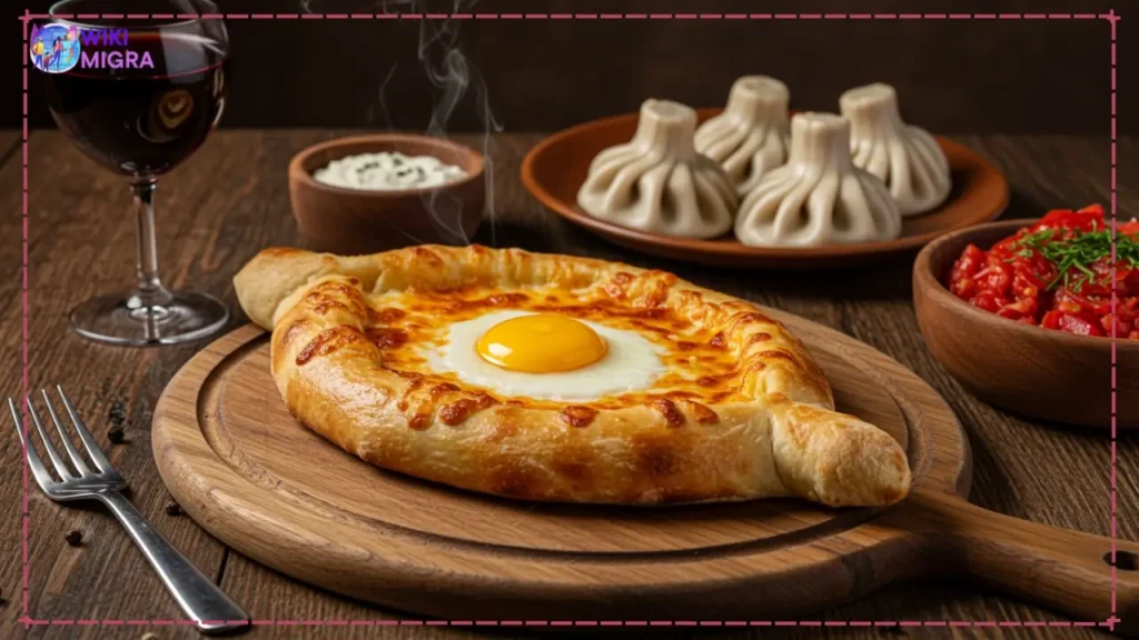 Appetizing spread of traditional Georgian food, featuring Adjaruli Khachapuri, Khinkali dumplings, and a glass of amber wine.