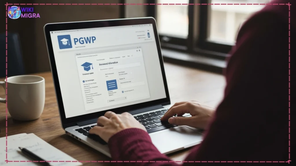 Over-the-shoulder view of student applying for the Post-Graduation Work Permit (PGWP) online via the official IRCC portal on a laptop.