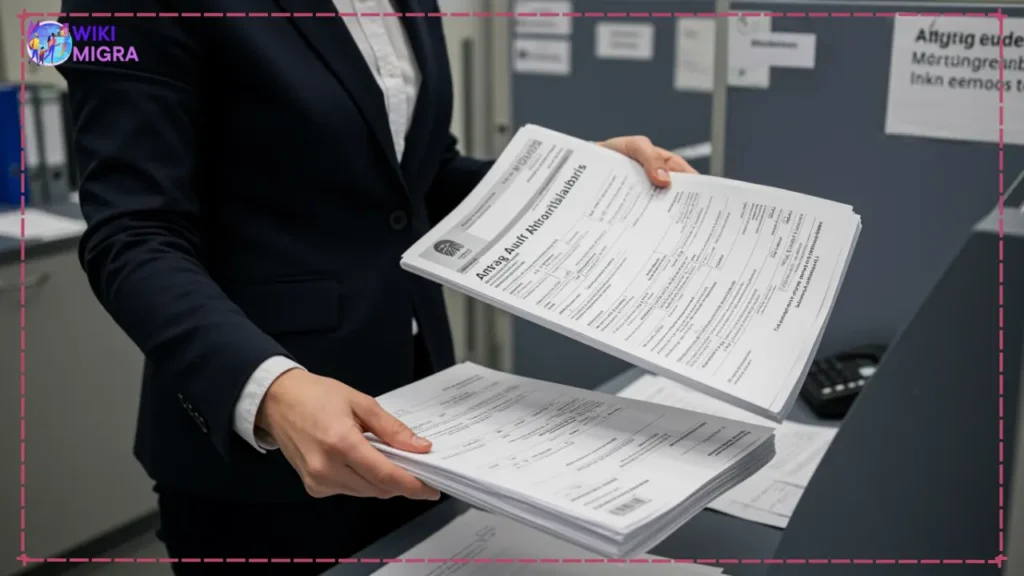 Applicant submitting documents at Ausländerbehörde for Chancenkarte to Blue Card conversion process