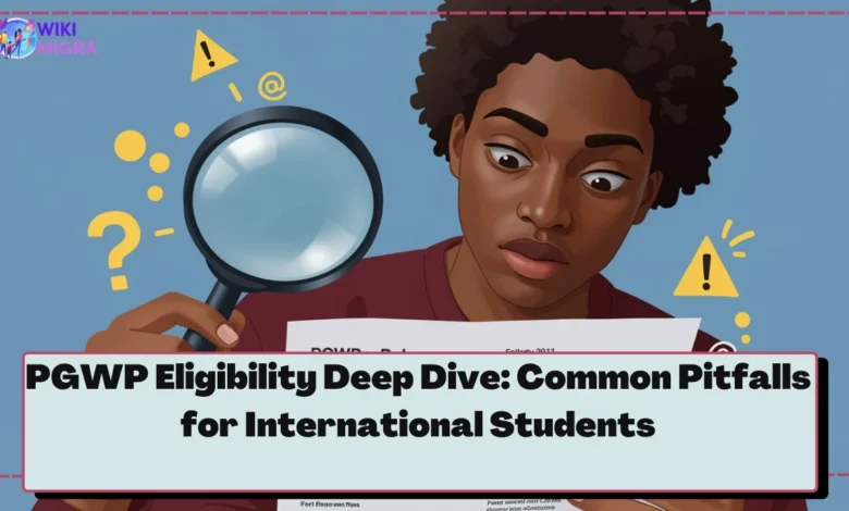 Student carefully examining PGWP eligibility rules document with magnifying glass, highlighting common pitfalls and potential issues.