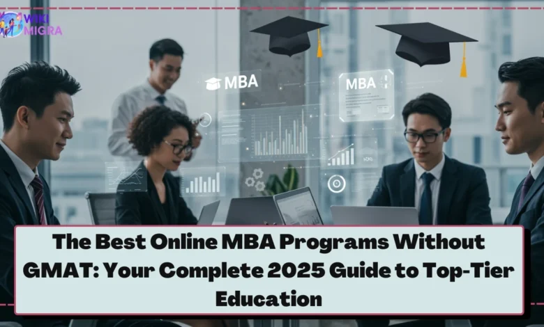 Professional businesspeople working on laptops with digital MBA certificates and graduation caps representing best online MBA programs without GMAT requirements