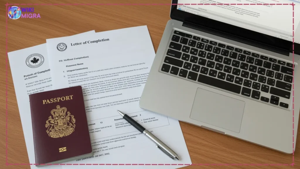 Desk flat lay showing passport, transcript, and completion letter next to laptop, illustrating documents needed for PGWP eligibility check.