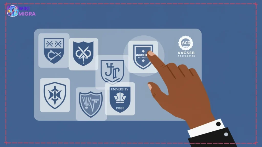 Hand selecting an accredited online MBA no GMAT program from a modern digital interface highlighting AACSB.