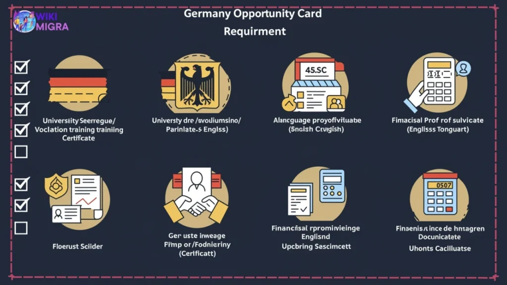 Visual checklist of Germany Opportunity Card requirements including education, language, and financial proof