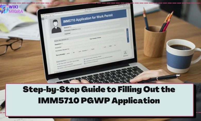 Hands filling out the IMM5710 work permit application form online for the PGWP, following step-by-step instructions.