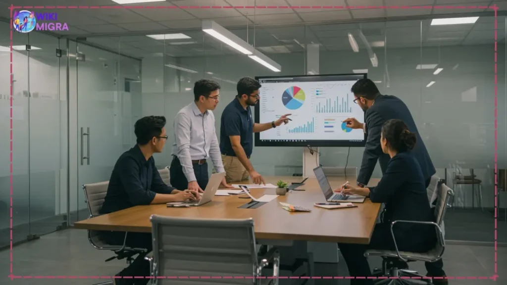 A team of diverse business consultants analyzing data on a large screen in a sleek conference room, representing strategic advisory roles in MBA career paths.