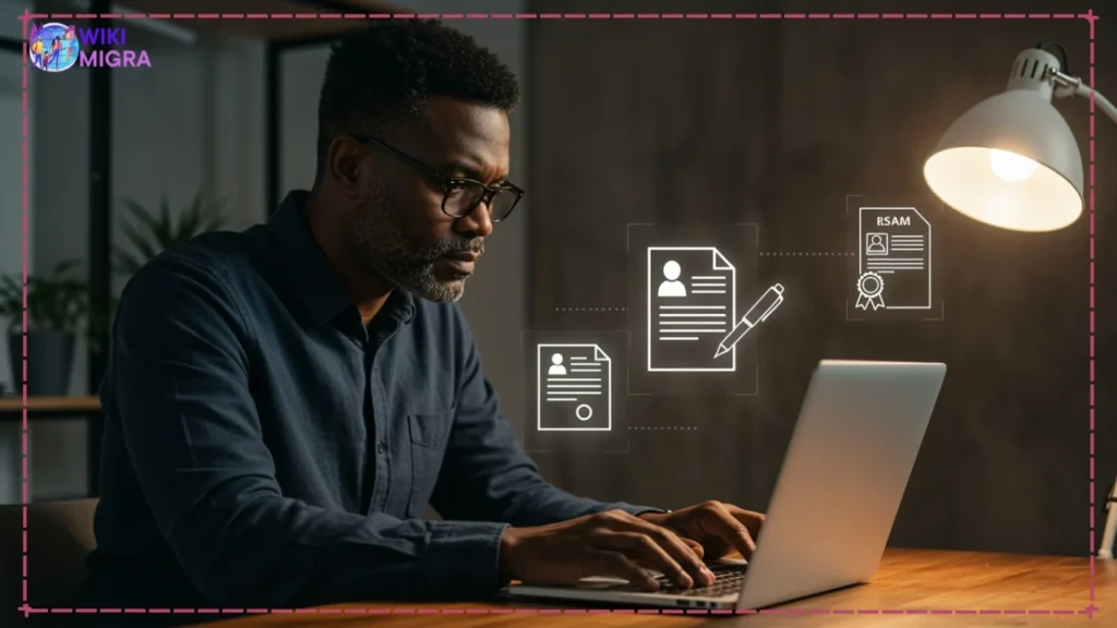 Professional focused on laptop, preparing a strong online MBA no GMAT application, with icons for resume and essays.
