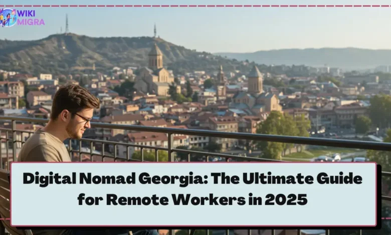 Digital nomad Georgia working on laptop on sunny Tbilisi balcony overlooking Old Town.
