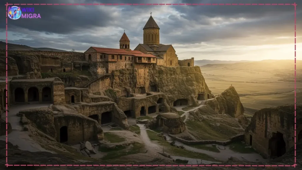 The ancient rock-hewn Lavra Monastery at David Gareja, Georgia, carved into a desert cliff face; an adventurous Tbilisi excursion.