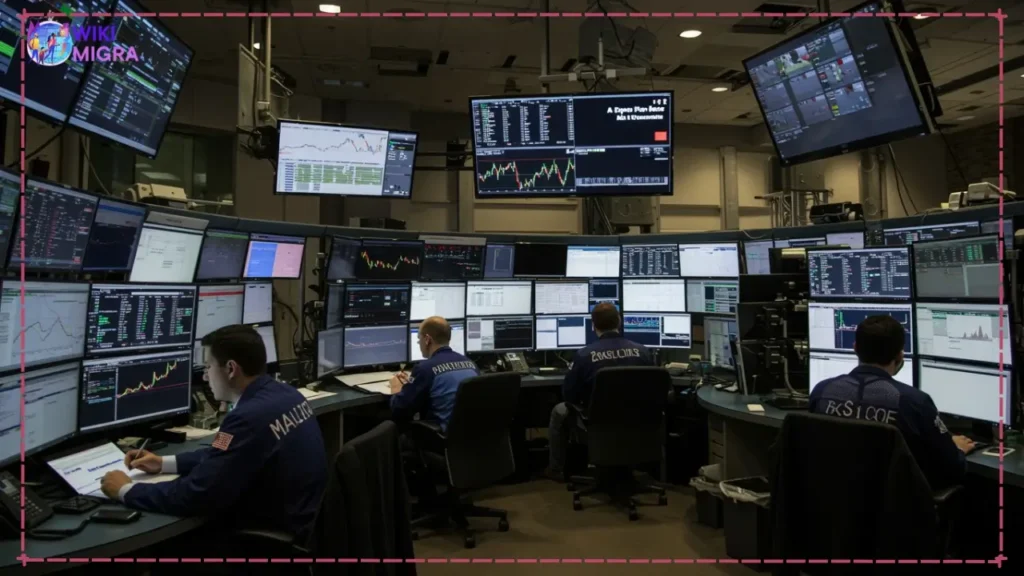 Professionals working on a bustling financial trading floor, analyzing stock charts on multiple screens, showcasing high-compensation MBA career paths in finance and investment banking.