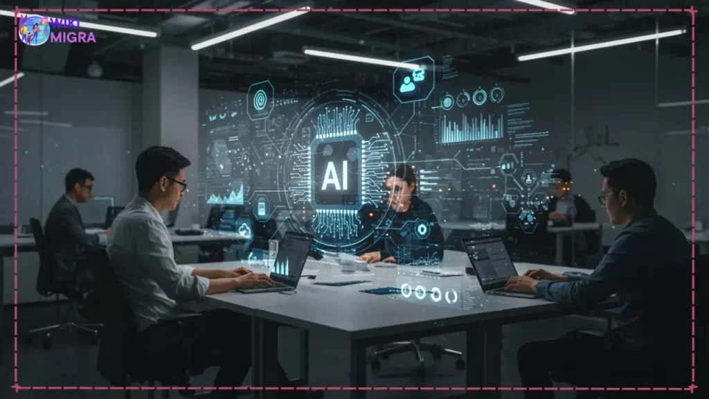 Emerging MBA specializations featuring AI and sustainability in modern office.