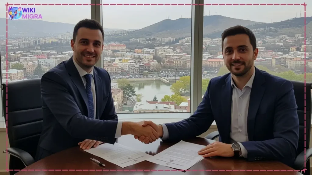 Georgian employer and foreign employee completing work visa sponsorship paperwork in Tbilisi office