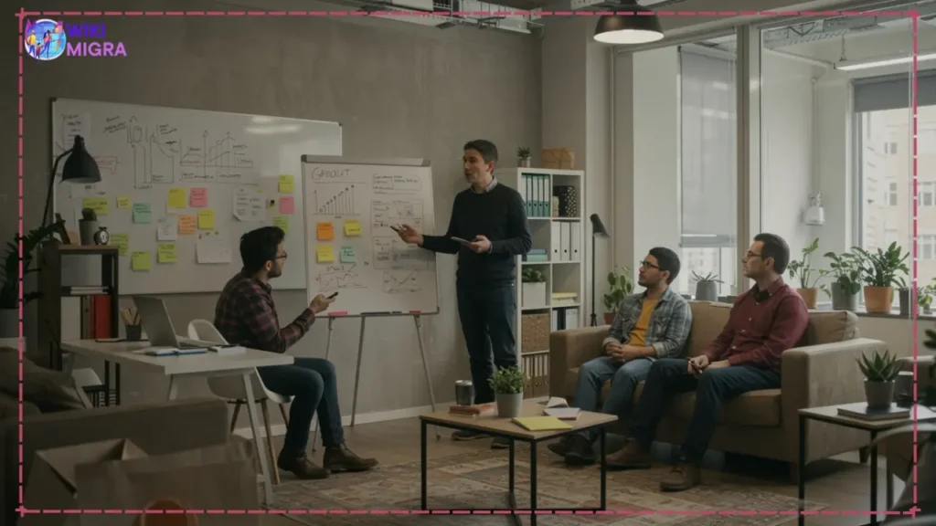 An entrepreneur presenting a business plan to investors in a stylish startup office, highlighting the entrepreneurial spirit and opportunities for MBA graduates.