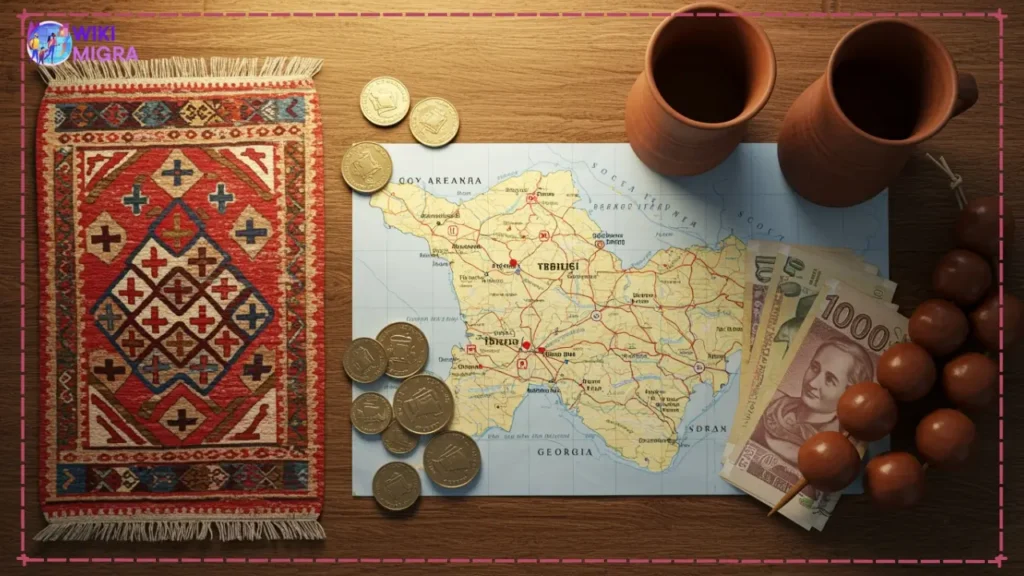 Flat lay of Georgian travel essentials: map, Lari currency, and churchkhela, symbolizing planning best day trips from Tbilisi.