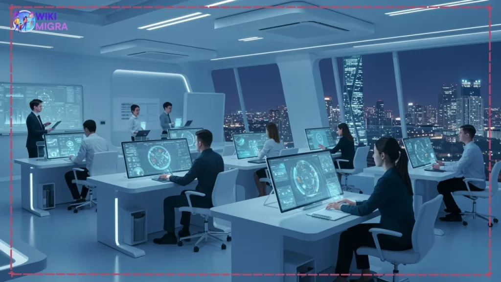 A split image showing a busy executive in an office on one side and a student studying online on the other, representing different MBA program experiences.