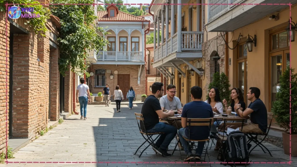 Diverse group of expats enjoying coffee and conversation at an outdoor cafe in a traditional Tbilisi street, showcasing expat life in Georgia.