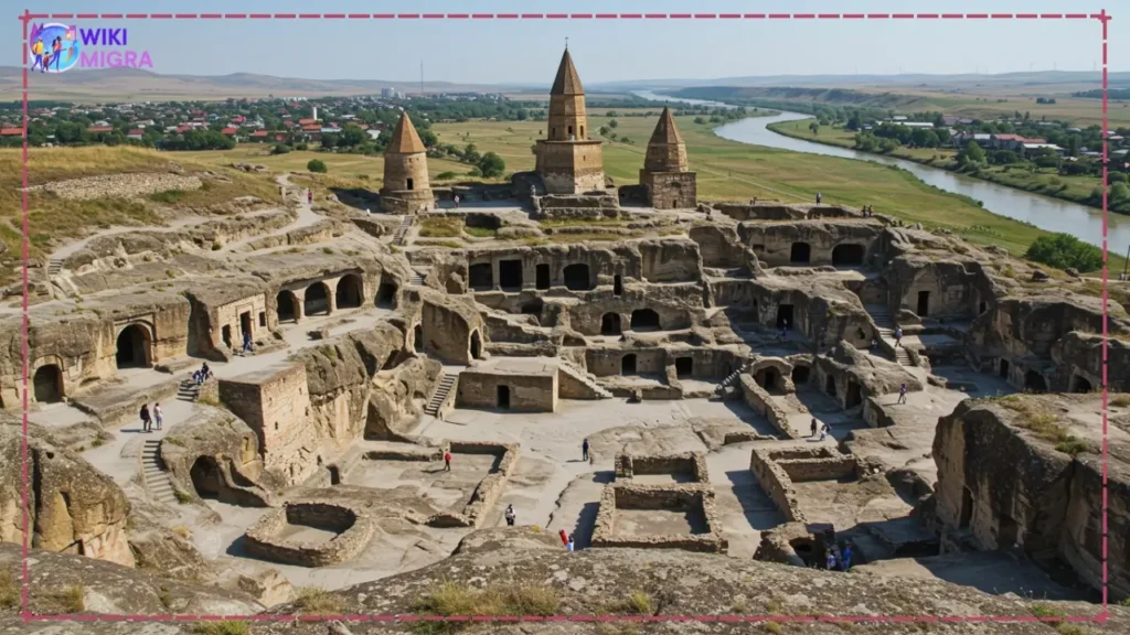 Panoramic view of the ancient Uplistsikhe cave town structures carved into rock in Georgia, a fascinating historical day trip.