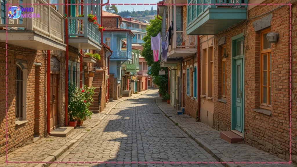 Colorful traditional balconied houses lining a cobblestone street in Tbilisi Old Town (Kala).