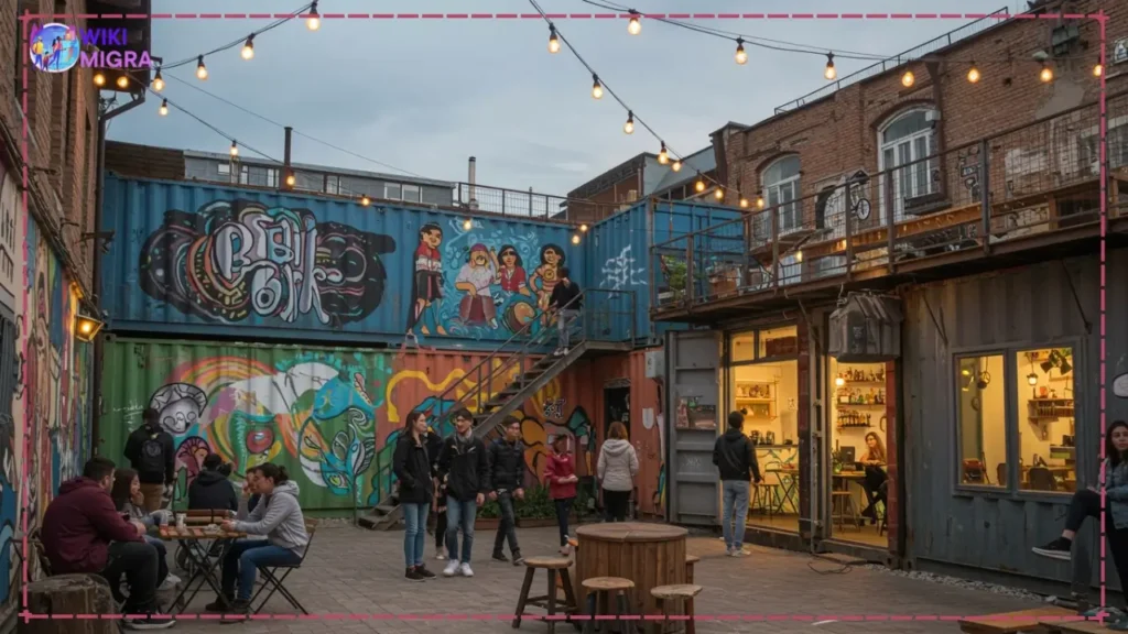 Trendy courtyard of Fabrika Tbilisi, a creative hub with vibrant murals, repurposed containers, and people enjoying the space.