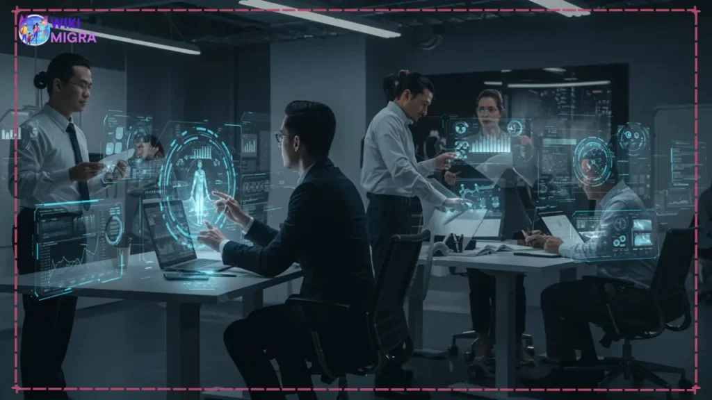 A futuristic business environment featuring professionals interacting with advanced technology, representing the future of MBA careers and trends in digital transformation.
