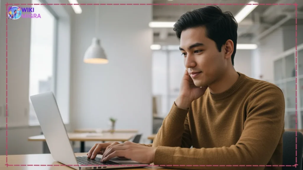 Young professional working confidently on laptop in modern Canadian office, representing valuable work experience gained through PGWP.