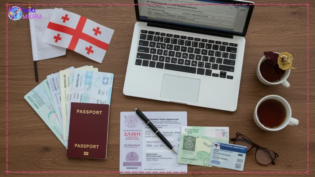 Flat lay of Georgia digital nomad visa application essentials including passport, laptop, and documents.