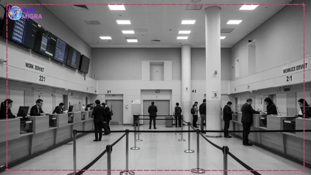 Interior of Georgian Public Service Hall showing work permit application counters and waiting applicants