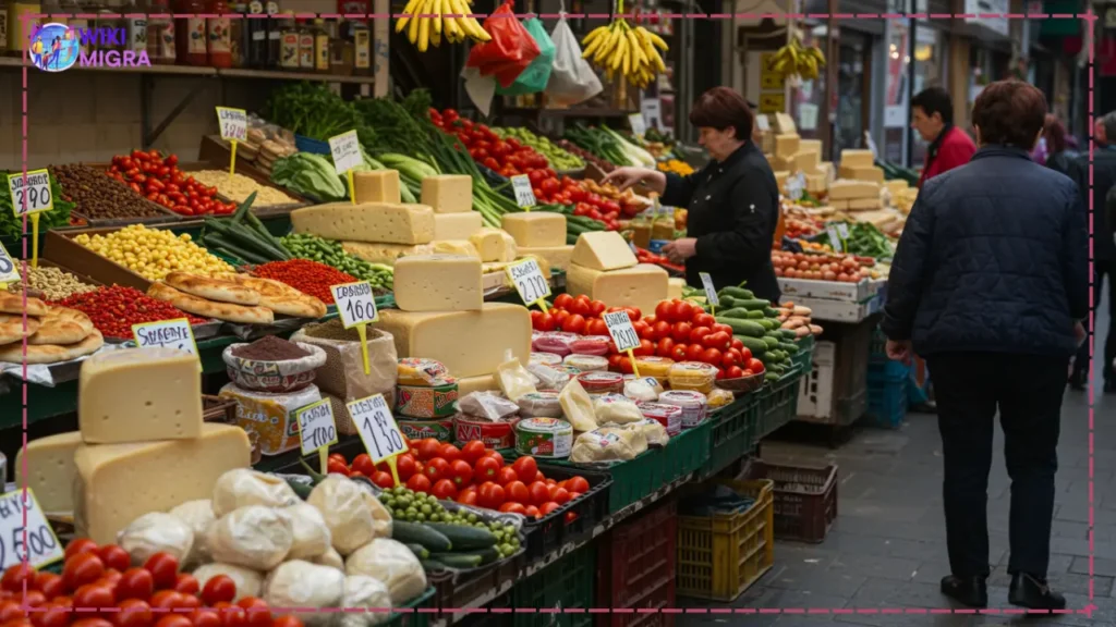 Vibrant farmers market in Georgia displaying affordable fresh produce, cheese, and bread with visible price tags, illustrating typical grocery costs in Georgia.