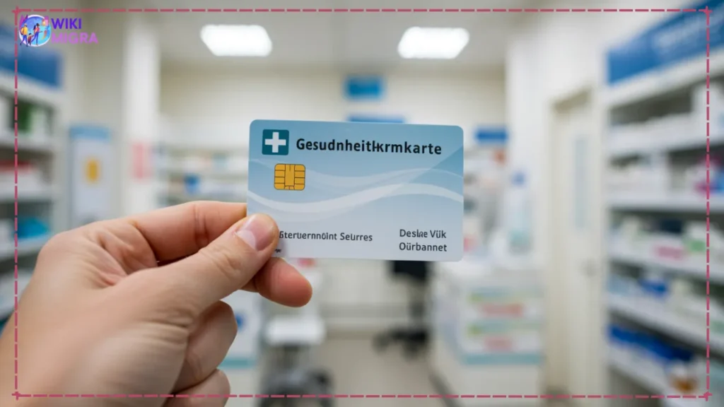 Close-up of a German electronic health insurance card (Gesundheitskarte) held in hand.