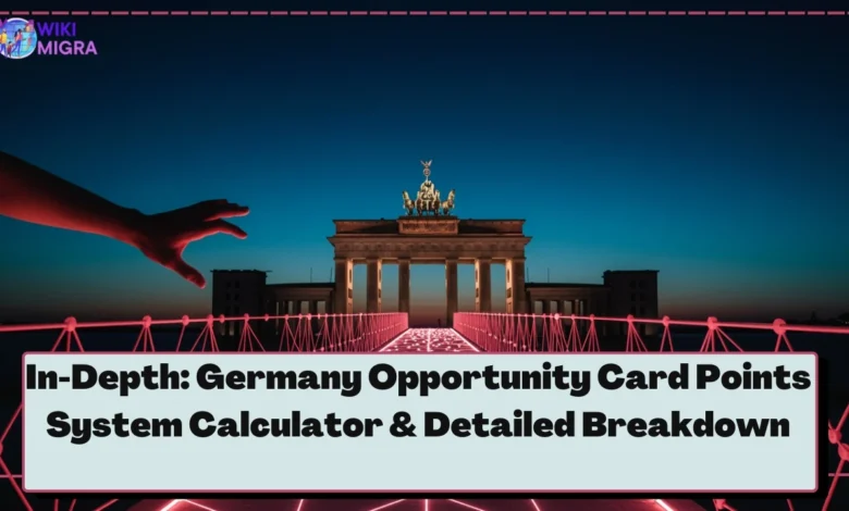 Abstract pathway of glowing nodes, representing Germany Opportunity Card points, leading towards a German landmark with a hand reaching out.
