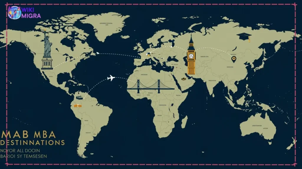 World map highlighting major MBA destinations with iconic landmarks including Statue of Liberty, Golden Gate Bridge, Big Ben, Eiffel Tower, and Asian skyscrapers connected by flight paths.