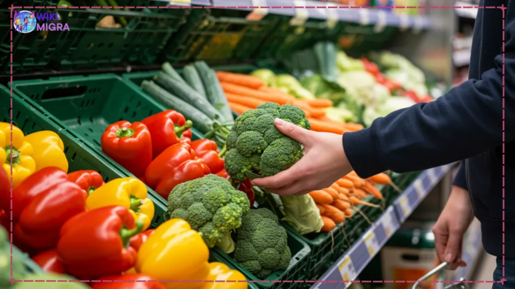 Hands selecting fresh vegetables at a German supermarket produce section, illustrating grocery shopping for budgeting.