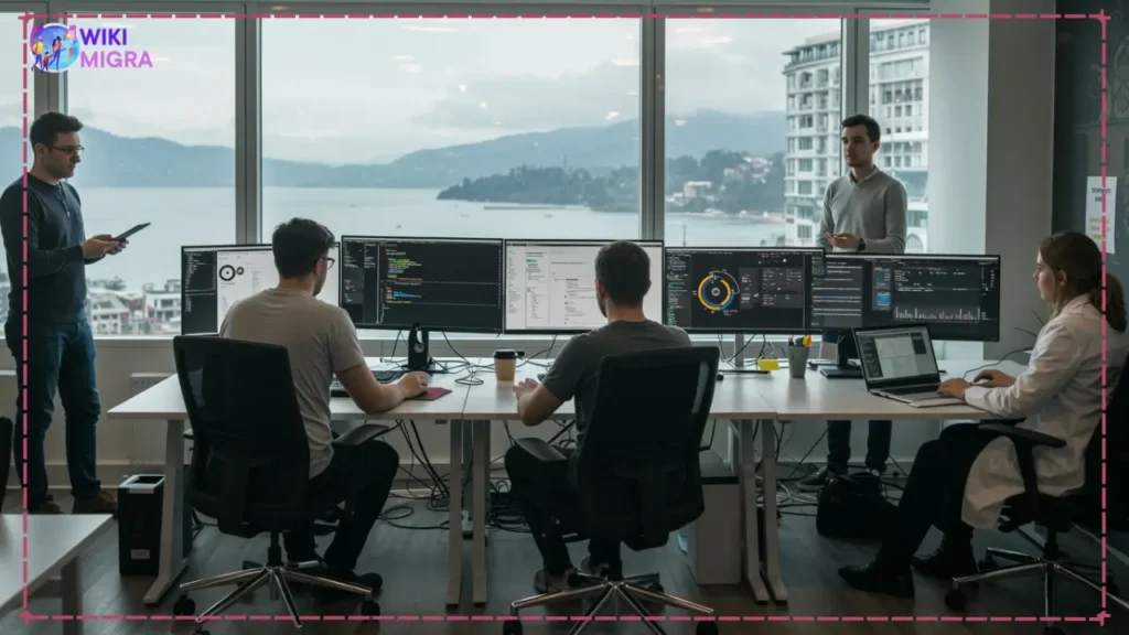 Diverse tech specialists working in a Georgian office showing software development, cybersecurity, data science, and project management roles available for expats in Georgia