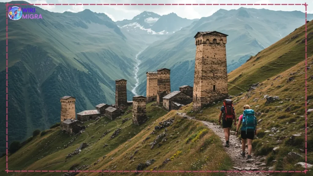 Hikers on a trail in the Svaneti region of Georgia, with iconic Svan towers and the Caucasus Mountains in the distance.