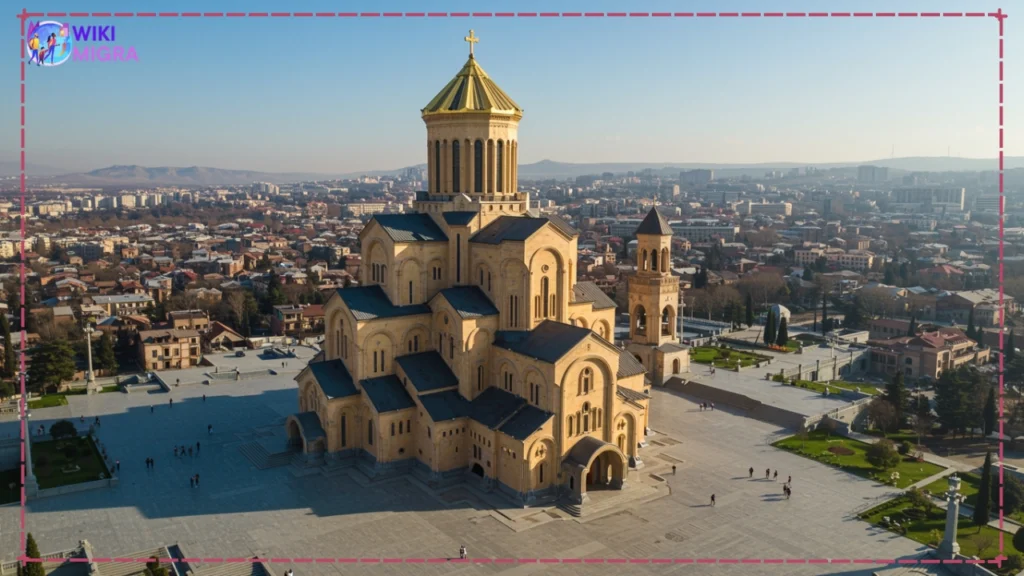 The grand Holy Trinity Cathedral (Sameba) in Tbilisi, showcasing its impressive golden dome and scale.