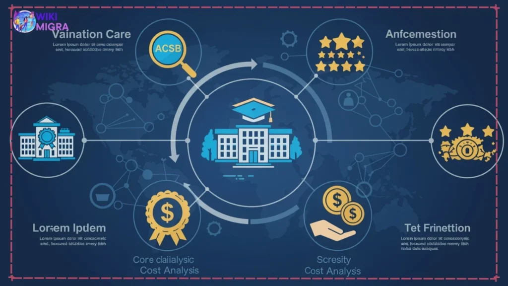 Infographic showing evaluation criteria for ranking best online MBA programs without GMAT including accreditation badges and quality metrics
