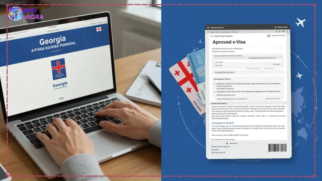 Split view of person completing Georgia digital nomad visa application on laptop and approved visa documents