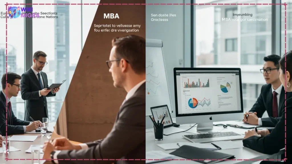 Professional choosing MBA specialization career path at business crossroads.