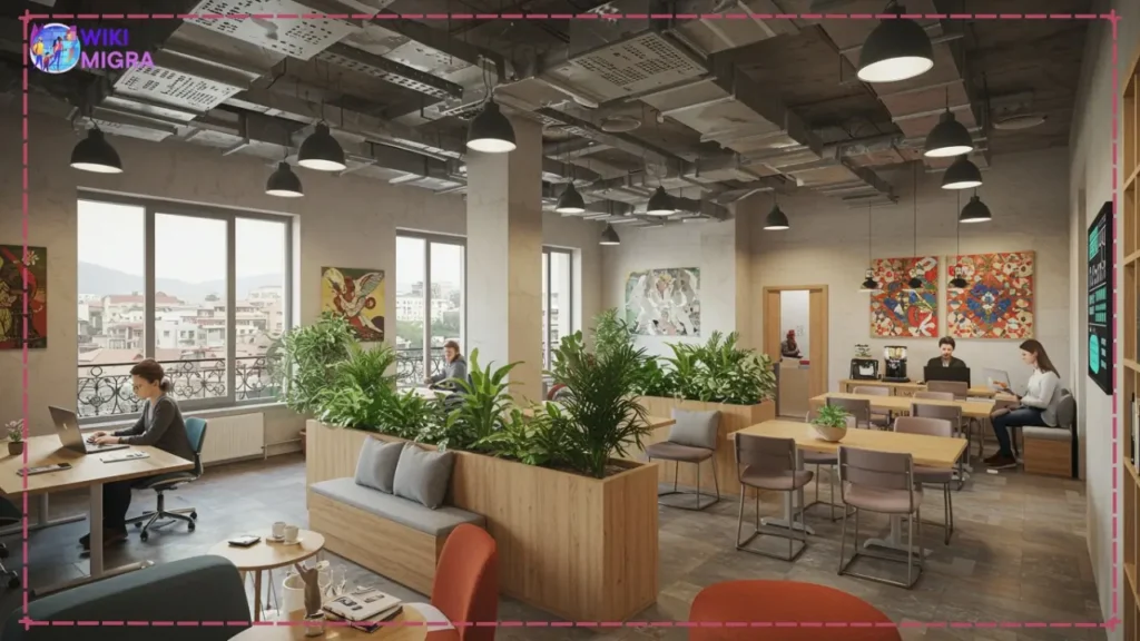 Modern coworking space in Tbilisi with diverse digital nomads working in collaborative environment.