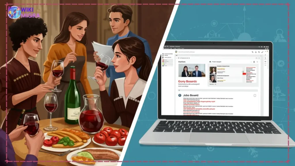 Split image showing both in-person networking at Georgian tech events and online job searching on Georgian tech job boards for expats seeking IT positions