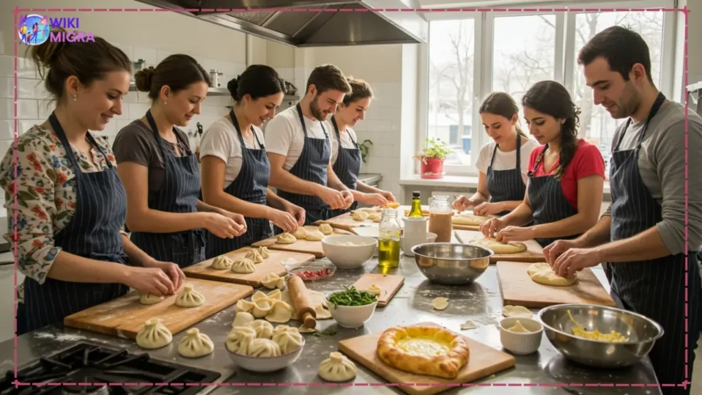 People smiling and learning to make traditional Georgian Khinkali in a Tbilisi cooking class.