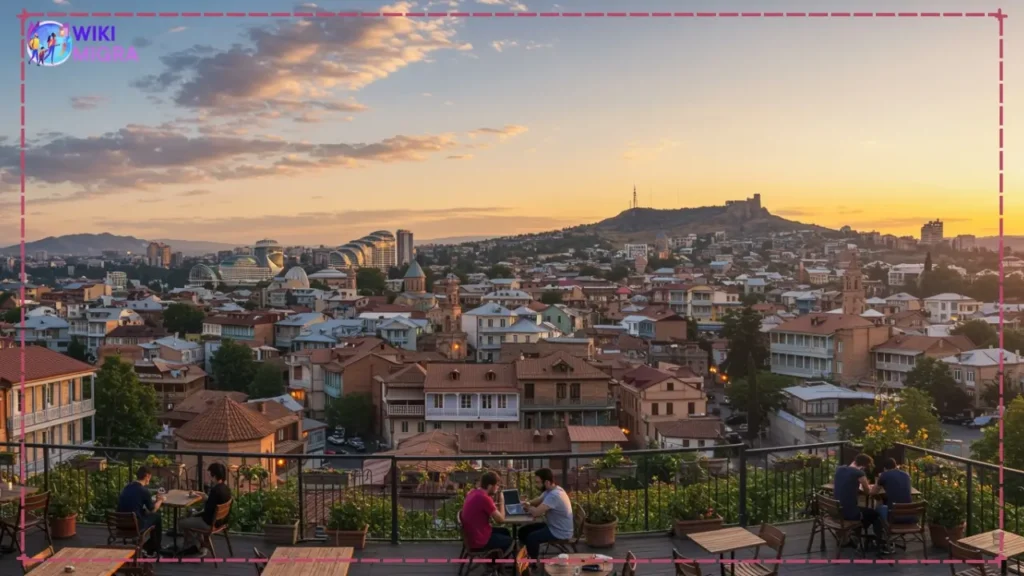 Panoramic view of Tbilisi cityscape showing blend of traditional architecture and modern digital nomad lifestyle.